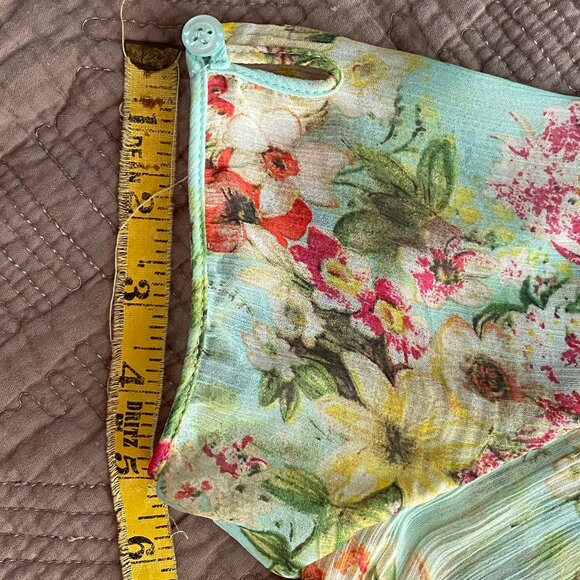 Silk Button-down Short Puff Sleeves Floral Blouse Aqua 6 - Picture 11 of 12